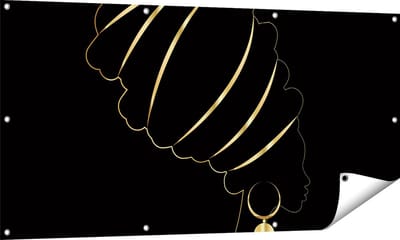 Gards Tuinposter Afrikaanse Vrouw met Gouden Zwarte Tulband - 140x70 cm - Tuindoek - Tuindecoratie - Wanddecoratie buiten - Tuinschilderij