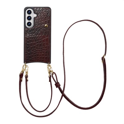 Selencia Hoesje - Geschikt voor Samsung Galaxy S26 - Croco Backcover met koord en pashouder - Choco Brown