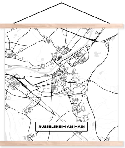 Posterhanger incl. Poster 40x40 cm - Schoolplaat - Rüsselsheim am Main - Kaart - Stadskaart - Plattegrond - Textielposter - Blanke latten - Stadskaart