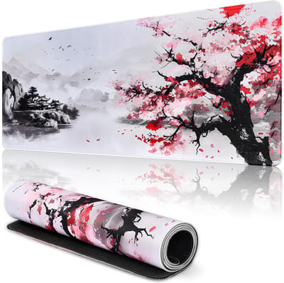 SnelShoppen - Kersenbloesem Muismat XXL 900 x 400 mm - Waterdichte Gaming Muismat - Bureauonderlegger voor Kantoor en Thuiswerk - Japanse Witte Design