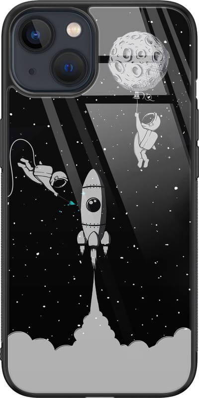 Hoesje geschikt voor iPhone 13 - Space shuttle - Luxe Glazen Hardcase - Sterren - Grijs - Leuke Telefoonhoesjes