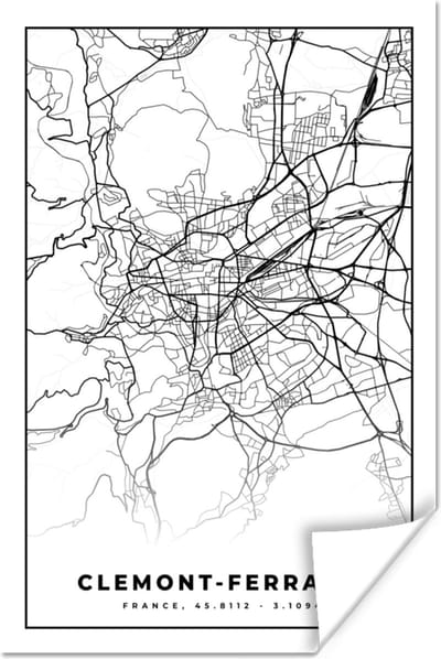 Poster Clermont-Ferrand - Frankrijk - Kaart - Plattegrond - Stadskaart - Zwart wit - 120x180 cm XXL