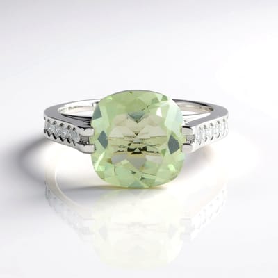Cavill - 925 Sterling Zilver Ring - Groene Amethist 4,425 ct & 12 Cambodjaanse Zirkonia 0,462 ct - Platina Verguld - Elegant Kussen Slijpsel