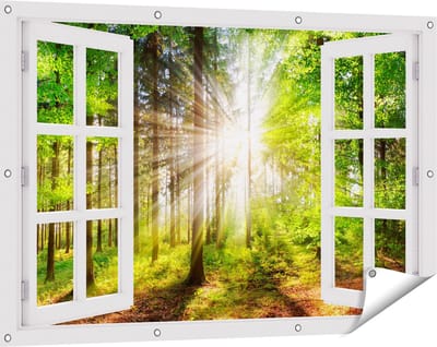 Gards Tuinposter Doorkijk Bos met Zon tussen de Bomen - 120x80 cm - Tuindoek - Tuindecoratie - Wanddecoratie buiten - Tuinschilderij