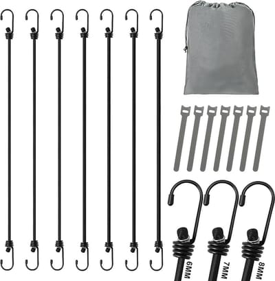 Set van 7 zwarte spanrubbers met haken, 1 meter lengte, bagagespanner, expander, spanbanden, ladingbeveiliging voor transport, camping en outdoor, inclusief 7 grijze stropdassen en tas