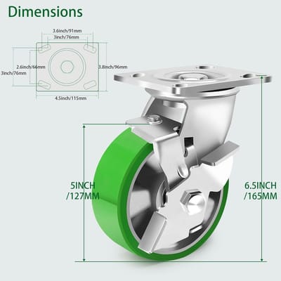 Stevige Zwenkwielen met Rem (Set) - 125mm, Hoge Draagkracht 1800kg - Stille PU Wielen met Aluminium Kern