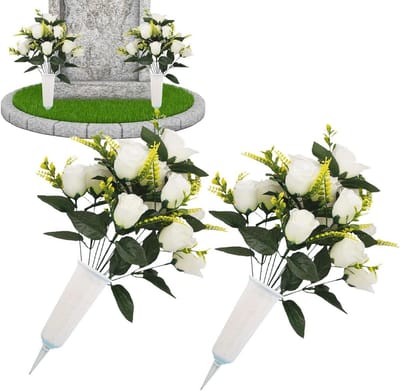 Kunstbloemen Graf - Herdenkingsboeket - Graf Decoratie - Weerbestendig Ontwerp - 46x30x46 cm - Wit