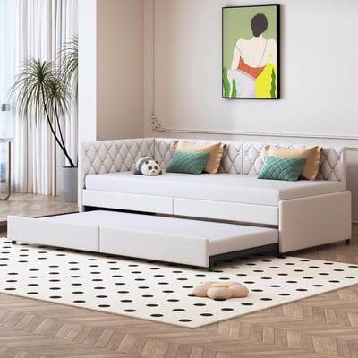 Slaapbank met Slaapfunctie - Uittrekbare Bank - Woonkamer Logeerkamer - Inclusief Lattenbodem - 90 x 200 cm - Wit Beige