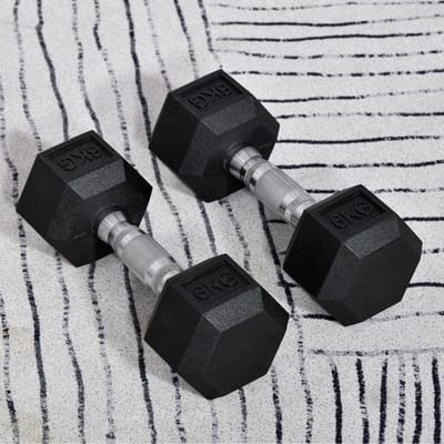 MEUNIQ Hexagon dumbbells 2-delige set 2 x 6 kg met antirolontwerp, gekartelde greep en rubberen coating, zwart, voor thuis, sportschool of kantoor