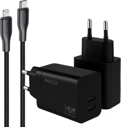 Snellader geschikt voor iphone 14 13 12 11 - 2 poorten snel oplader met oplaadkabel - 1 meter