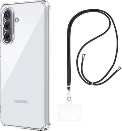 Set met hoesje en nekband voor Samsung Galaxy a56 5g - Flexibele, transparante TPU-bescherming, verstelbare universele nekband voor mobiele telefoons, zwarte nekband, transparante draagriem van Phonillico®