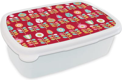Broodtrommel Wit - Lunchbox Patronen - Bloemen - Retro - Rood - Brooddoos 18x12x6 cm - Brood lunch box - Broodtrommels voor kinderen en volwassenen