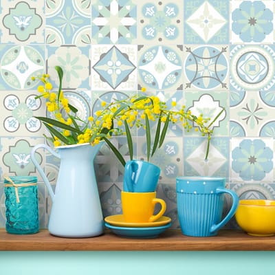 Zelfklevende tegelmuurstickers voor keuken en badkamer - 9 cementtegelstickers, Azulejos Audrina - 9 stickers, 10x10cm