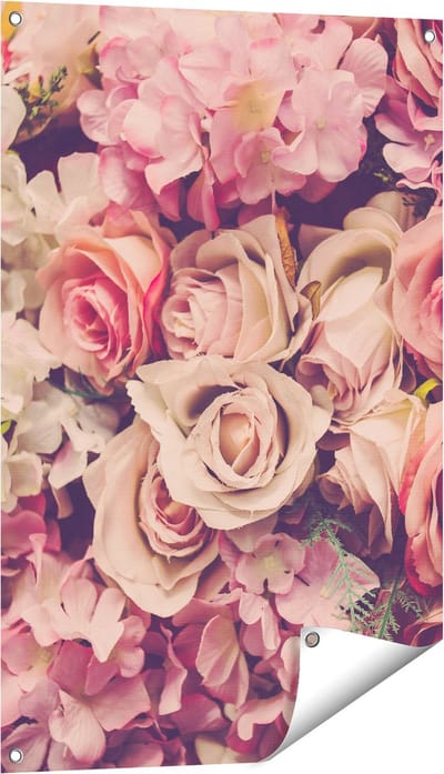 Gards Tuinposter Roze Rozen Achtergrond - Retro - Bloemen - 60x90 cm - Tuindoek - Tuindecoratie - Wanddecoratie buiten - Tuinschilderij