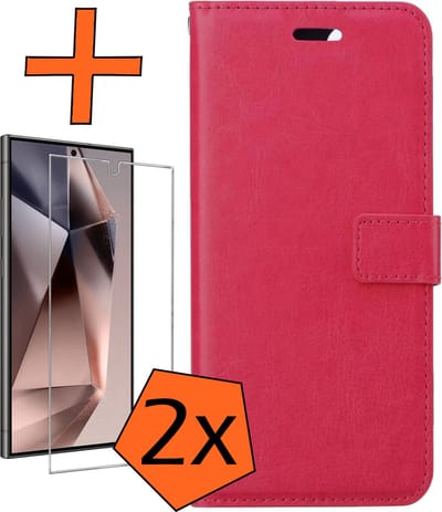 Hoes - Met 2x Screenprotector - Geschikt voor Samsung Galaxy S24 Ultra - Luxe Pasjeshouder - Bookcase Portemonee - Flip Case - Kunstleer Book Case - Flipcase Hoes - Book Cover - Walletcase - PortemonneeHoes - Donkerroze
