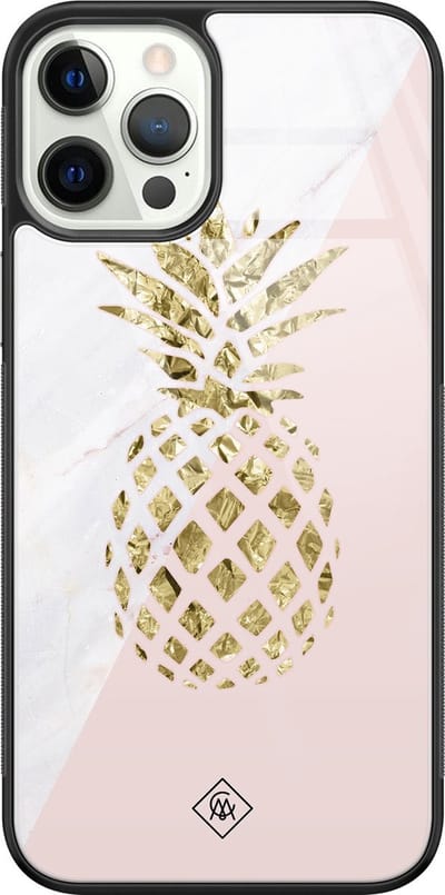 Casimoda® hoesje - Geschikt voor iPhone 12 Pro - Ananas - Luxe Hard Case Zwart - Backcover telefoonhoesje - Roze