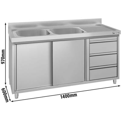 GGM Gastro Spülschrank ECO - 1400x600mm - mit 3 Schubladen & 2 Becken links
