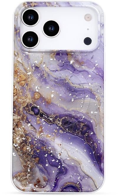 Casemania Hoesje Geschikt voor Apple iPhone 17 Pro - Paars - Marmer Glitter Magnetisch Back Cover - Geschikt voor MagSafe