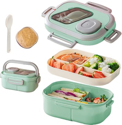 Lunchbox met sausbox ‌en bestek‌ - Lekvrij Bento Box 1200ml voor Diepvries, Vaatwasser & Magnetronbestendig - met Silicone Afdichtring - Dubbele Laag met 6 Vakken Voor volwassenen en kinderen‌ - Groen