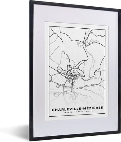 Fotolijst incl. Poster Zwart Wit- Charleville-Mézières - Stadskaart – Plattegrond – Kaart – Frankrijk - Zwart wit - 30x40 cm - Posterlijst
