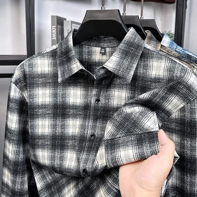 Heren Geruite Lange Mouwen Wol Shirt Herfst Collectie Minimalistisch Ademend Klassiek Werkkleding XXL zwart