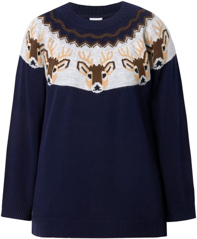 Ulla Popken - Dames - Noorse trui rendieren ronde hals lange mouwen - Marine - Maat 42+