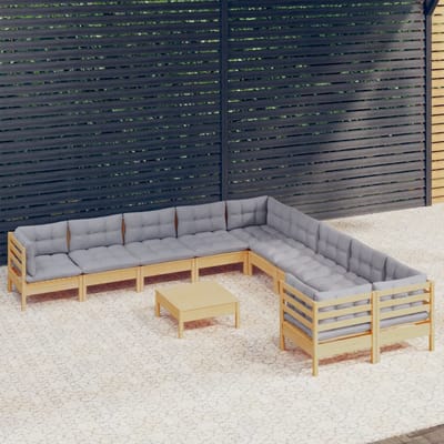 vidaXL - 11-delige - Loungeset - met - grijze - kussens - grenenhout