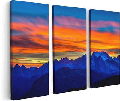 Artaza Canvas Schilderij Drieluik Oranje Zonsondergang In De Bergen - 120x80 - Foto Op Canvas - Canvas Print