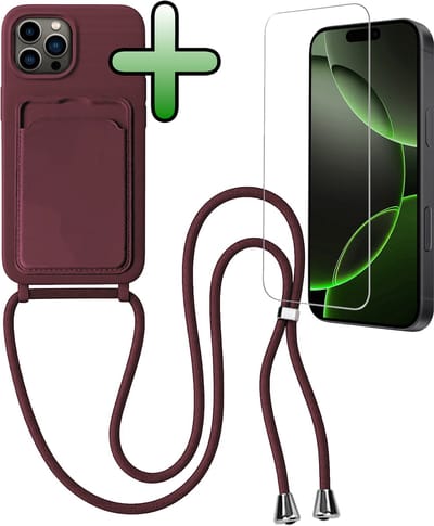 Hoes Geschikt voor iPhone 16 Pro Hoesje Pas Houder Case Hoes Met Koord Met Screenprotector - Hoesje Geschikt voor iPhone 16 Pro Hoes Met Telefoonkoord Pasjeshouder Cover - Aubergine