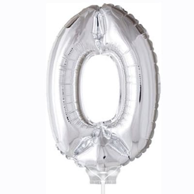 Cijferballon op stokje XL 40cm - Taart ballon - Cijfer 0 - Zilver