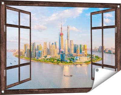 Gards Tuinposter Doorkijk Skyline Shanghai Stad in China - 90x60 cm - Tuindoek - Tuindecoratie - Wanddecoratie buiten - Tuinschilderij