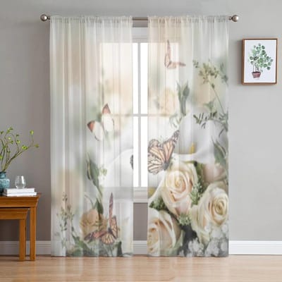 Gele Rozen En Witte Calla Lelies Vlinder Bloem Tule Transparante Gordijnen voor Woonkamer Keukendecoratie Voile Organza Gordijn 135W x 114H(cm) white