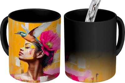 Magische Mok - Foto op Warmte Mokken - Koffiemok - Vogel - Vrouw - Abstract - Bloem - Magic Mok - Beker - 350 ML - Theemok