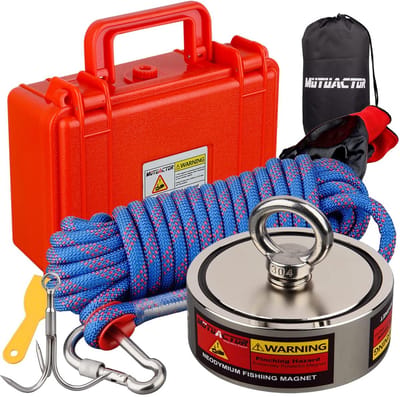 Vis magneet set - Reddingsmagneet met handschoenen - Objecten bergen - Dubbelzijdig 2000 lb sterkte - 49 meter touw - Zilverkleurig