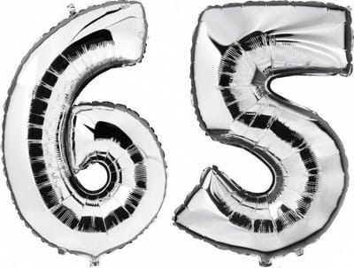 65 jaar zilveren folie ballonnen 88 cm leeftijd/cijfer - Leeftijdsartikelen 65e verjaardag versiering - Heliumballonnen