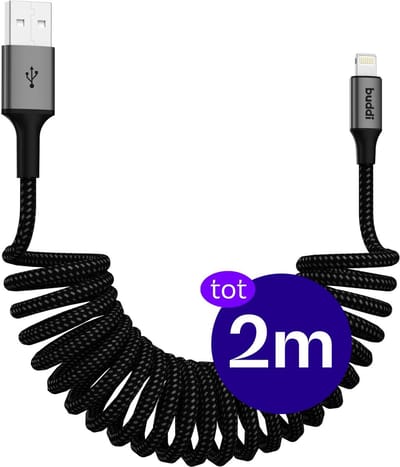 Buddi Flex | Uitrekbare USB-A naar Lightning Krul Kabel 12W Fast Charge 5V/2.4A | 480Mbps Dataoverdracht | Gevlochten Elastisch Nylon | Krulsnoer | Spiraalkabel | Voor in de auto | 2M Zwart