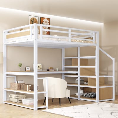 Sweiko Hoogslaper - 140×200 cm - Metalen frame - Met opbergplank - Bureau - Kinderbed - Wit