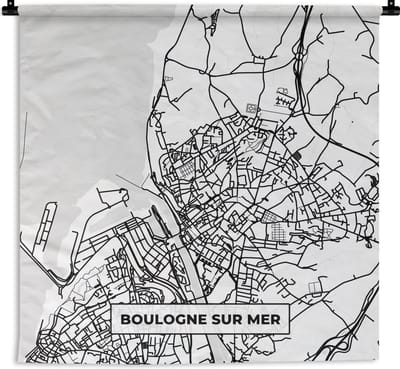 Wandkleed - Wanddoek - Boulogne sur Mer - Stadskaart - Plattegrond - Kaart - Frankrijk - Zwart wit - 180x180 cm - Wandtapijt