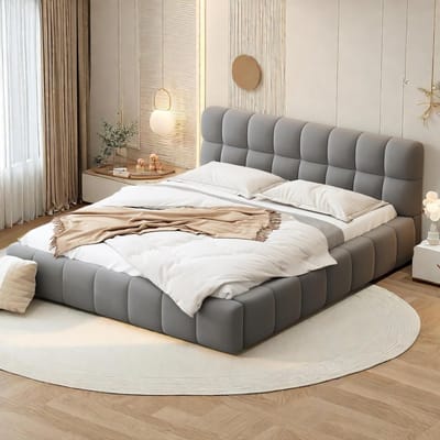 Gestoffeerd Bed - Tweepersoonsbed Linnen - Slaapcomfort Thuis - Zachte Rugleuning Inbegrepen - 140x190cm - Grijs