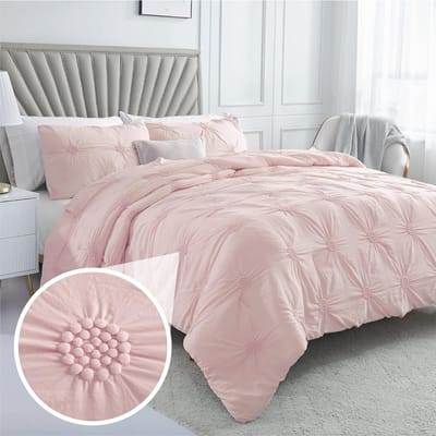 Volledige/Queen Babyroze Rozen Blush Dekbedset - Gerimpelde 3D Bloemige Pintuck Beddengoedset - 3 Delen Beddengoed, 1 Dekbed roze
