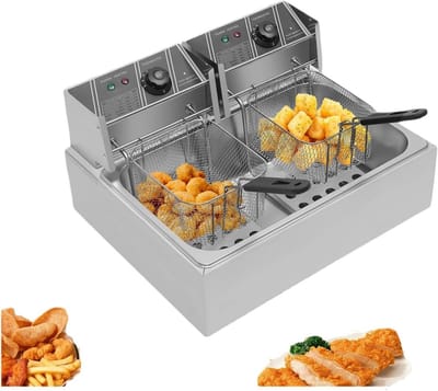 Elektrische Frituurpan - Dubbele Frituurmand - Lekker Frituren - Dubbele Temperatuurregeling - 12 Liter Capaciteit - Zilver