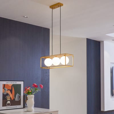 LumenXL Hanglamp - vierkant gouden frame - melkwit glas, 3-lichts - Gabia
