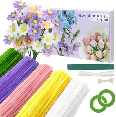 Kleurrijke Bloemen Boeket Pijpenragers, 400 Stuks, Creatieve Knutselmaterialen met 20 Stuks Groene Draad en Cadeau Ribbons voor Bloemstukken