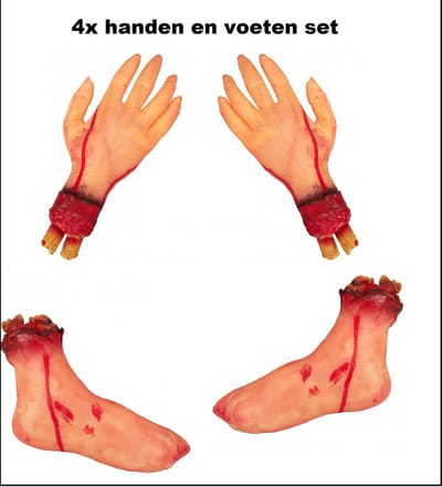 4x Set Afgerukte hand en voet - Horror set 8x hand en 8x voet - Halloween horror thema feest party griezel lichaamsdeel