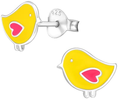 Joy|S - Zilveren vogel oorbellen - geel vogeltje met roze hartje vleugeltjes - 9 x 8 mm - kinderoorbellen