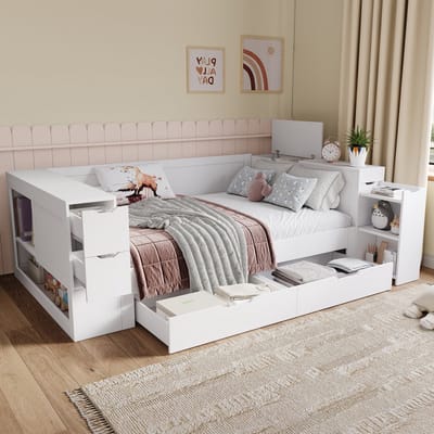 DESMIU Bed 140x200 cm Zonder Matras Multifunctioneel Slaapbed Met Laden Opbergkast En Nachtkastje Voor Kinderkamer Of Jeugdkamer MDF Wit