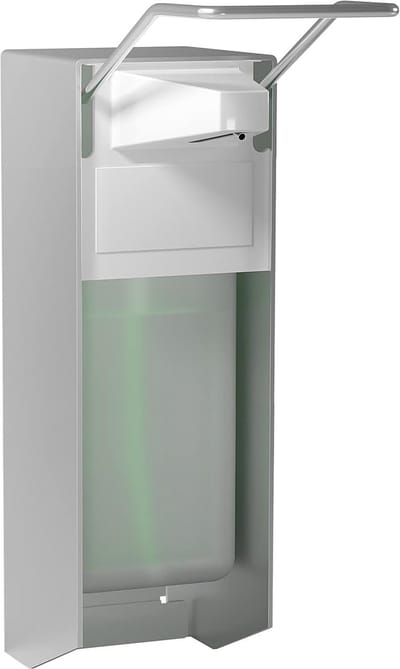 zeepdispenser, wandbevestiging, zeepdispenser met elleboogdruk voor ontsmettingsmiddel en handzeep, witte zeepdispenser, aluminium, 500 ml