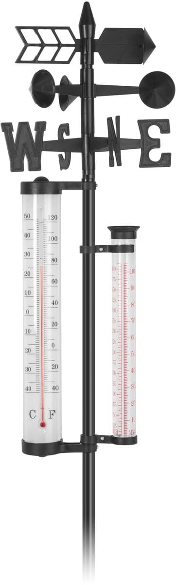 Tuin Weerstation Buiten – Thermometer / Regenmeter / Windvaan – 145 cm Hoog – Analoge Weermeter – Met Grondpen – Voor Temperatuur, Neerslag en Windrichting [11278]