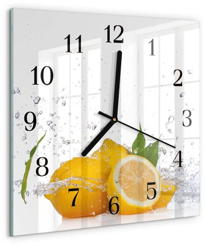Tulup Wandklok - Citroenen Wandklok Glas Met Motief - 30x30 cm - Geel Decoratieve Glazen Klok - Zwarte Handen - Vierkante Wandklok - Wandklok Glas Decoratie - Gekleurde Glazen Klok