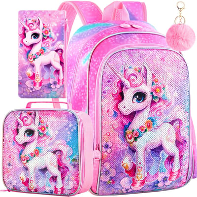 3 STUKS Rugzak voor Meisjes met Lunchbox, 16” Kinder Sequin Boekentas met Lunchbox, Schooltas voor Kleuter pink
